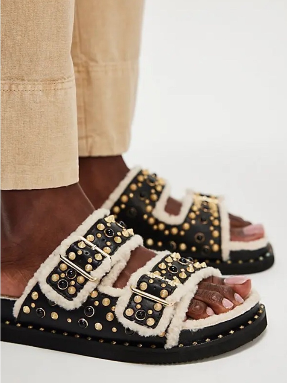ASH Utah Bis Studded Shearling Leather Double Strap Sandals, 39/9